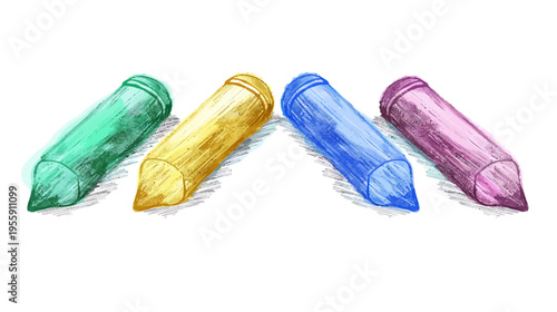 Digital rendering of four colorful chalk sticks lying on their sides with sketched shading