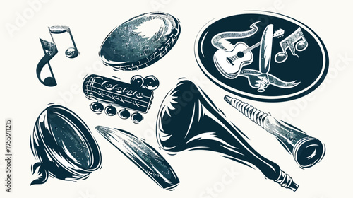 Musical instruments in dark blue outlines with watercolor texture on a white background