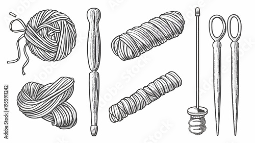 Vintage crosshatch drawing of textile tools, including yarn and scissors