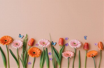 Colorful flowers and butterflies arranged neatly against a soft beige