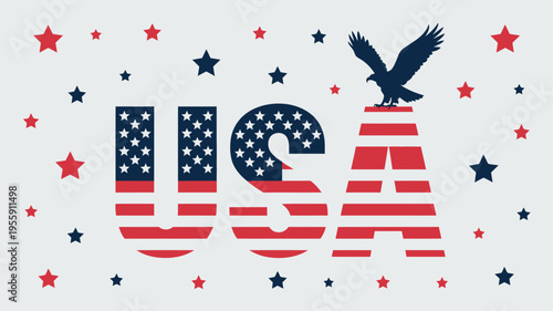 USA letters filled with American flag design and a majestic eagle amidst scattered stars
