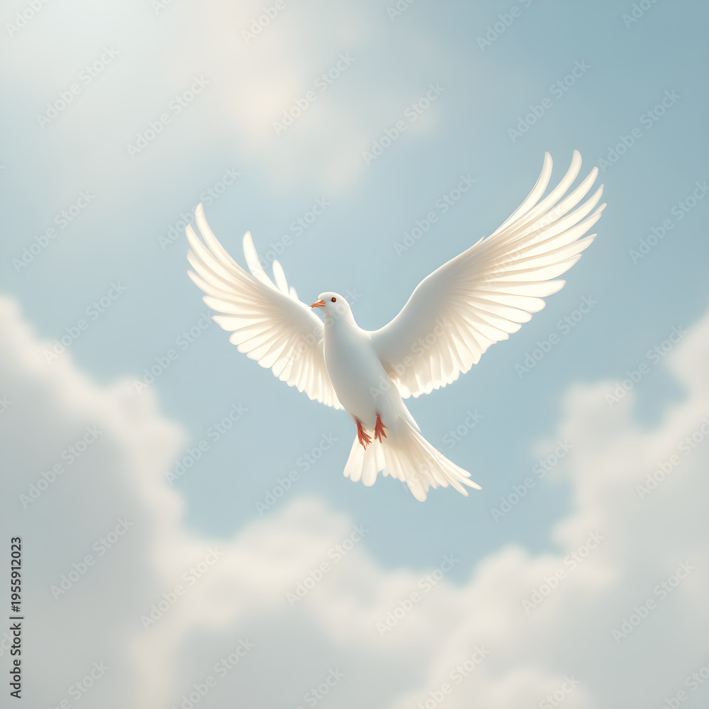 Fototapeta premium White dove flying in blue sky with clouds