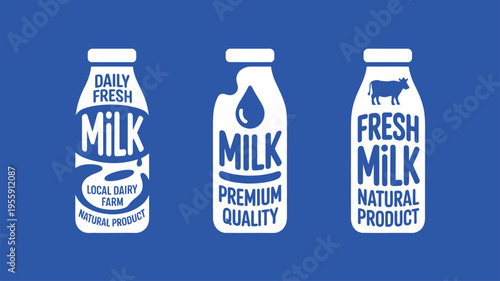 White milk bottles featuring natural dairy product labels and milk drop symbol