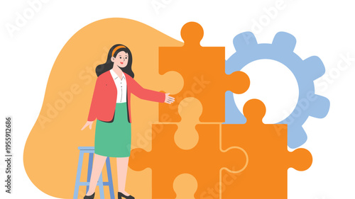 Young woman carefully placing orange puzzle pieces with a gear in the background