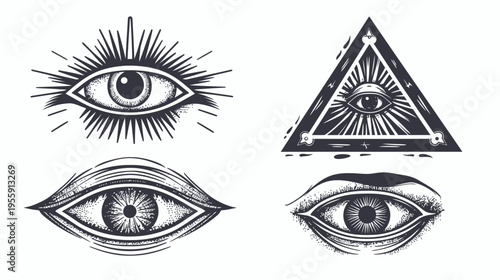 Illustration featuring four stylized, monochromatic eye designs on a white backdrop