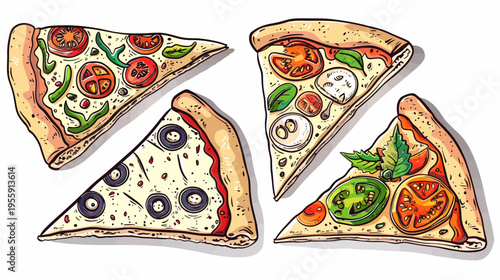 Four pizza slice vector illustration. Toppings include olives, tomato and basil. On white