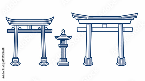 Stylized graphic featuring two torii gates and a stone lantern in blue and white