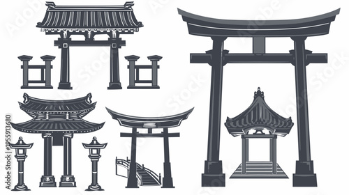 Architectural silhouette collection of gates, toriis, and pavilions in shades of gray