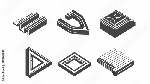 Isometric abstract illustrations of different shapes, black and white
