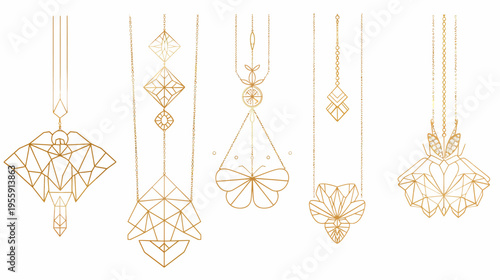 Gold-outlined abstract geometric pendants hanging from delicate chains on a white background