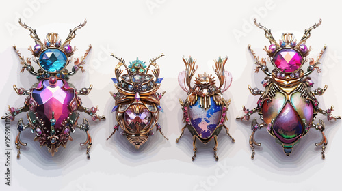 Four ornate, golden beetle brooches with colorful gem detailing on a white background