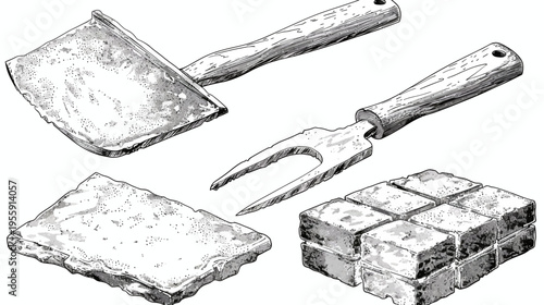 Grayscale illustration featuring utensils and portions of dense square blocks