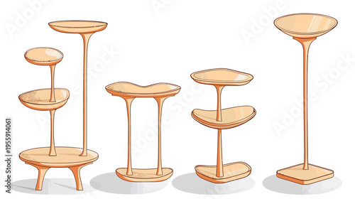 A collection of plant stands are depicted in peach colored illustration on white