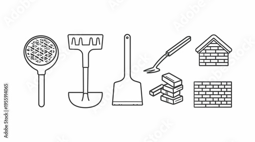 Line art depicts a collection of gardening & construction tools, with a building scene