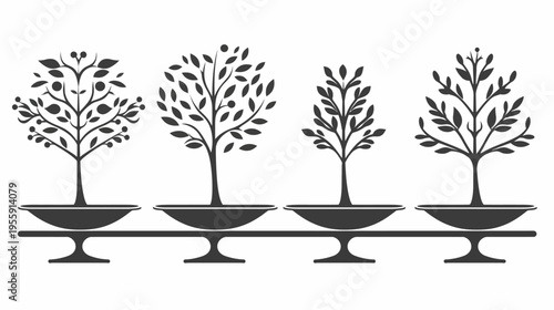 Four stylized trees in pots, lined up on a stand, black silhouette on white