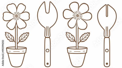 Simple line drawing with flowers in pots and gardening tools, minimal, outlined art