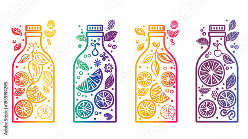 Four stylized, colorful bottles filled with fruit, leaves, and decorative motifs, gradient hues