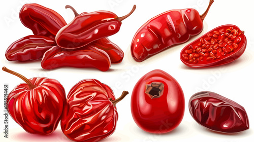 Vibrant still life of shiny, red, sweet fruits on a white background, artfully arranged