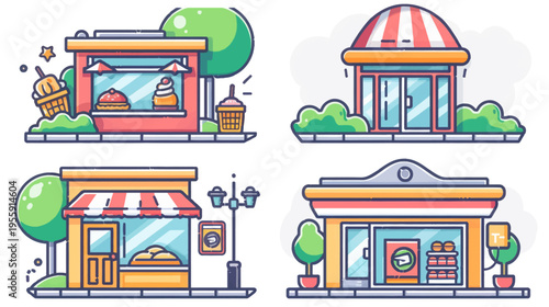 Four simplified cartoon stores, each with a different facade and adjacent greenery