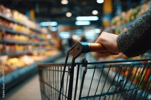 Shopping cart in a supermarket aisle with blurred background.