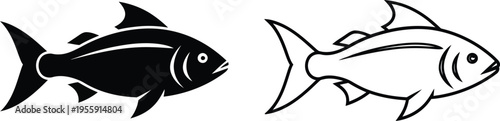 Fish Silhouette and Outline Vector Icons Set Vector