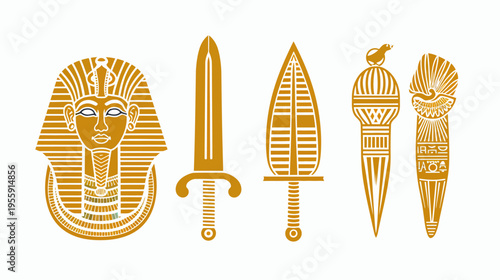 Gold toned illustration of pharaoh mask, swords, and scepters on a white background