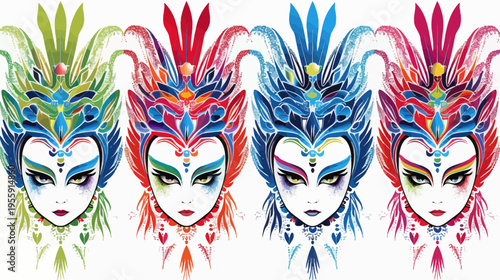 Four colorful fantasy faces with intricate headwear, vivid makeup, and intense eyes