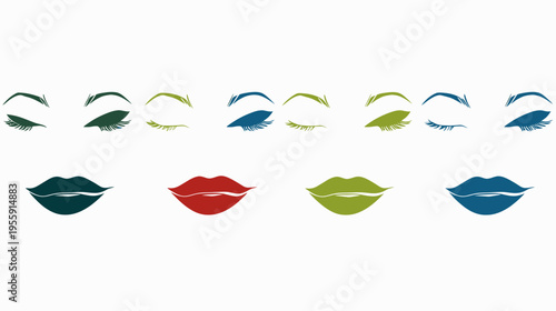Various eye and lip pairs in different colors on a white background, stylized, abstract