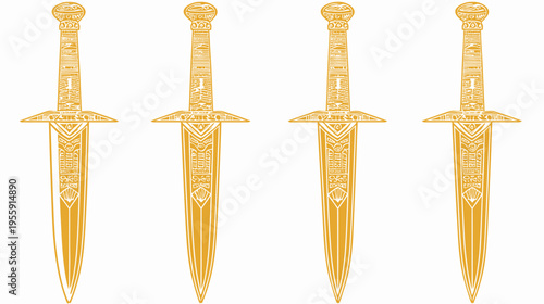 Four golden swords, each embellished with runes and patterns, presented on white