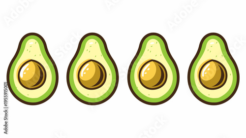 Four cartoon avocado halves with brown pits, on white background, light green interior