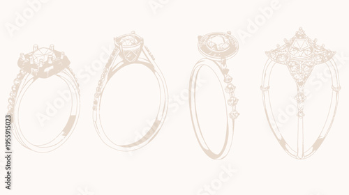 Illustration of four unique diamond rings arranged in a row on a light backdrop