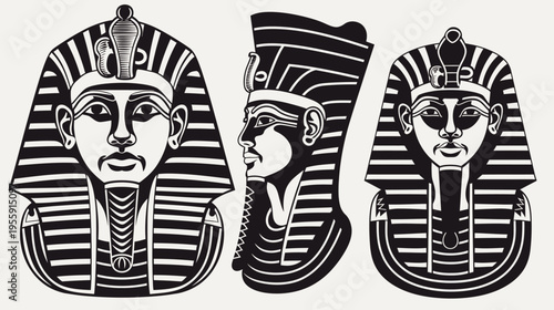 Three Egyptian pharaoh masks, front and side view, in a simple black and white illustration