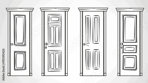 Four sketched, framed doors with varying panel designs, handles and minimalist decor