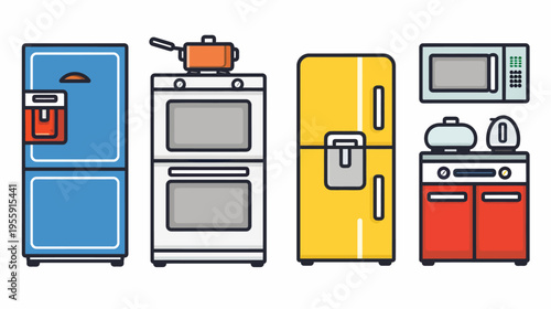 Four appliances, a blue refrigerator, stove with pot, yellow fridge and red stove