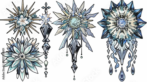 An assortment of floral-shaped, gem-like ornaments in watercolor style, isolated on white