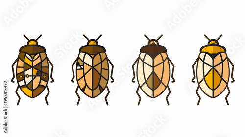 Four stylized insects with segmented bodies and six legs, arranged in a horizontal row
