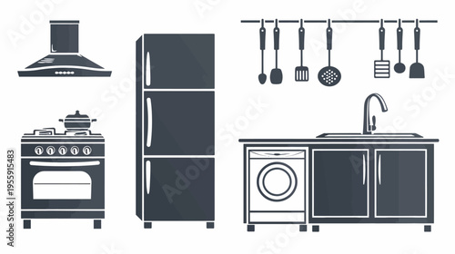 Illustration shows a kitchen with stove, refrigerator, sink, and utensils icon set