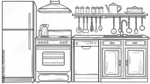 A line-art illustration of a kitchen setup featuring appliances and cooking utensils