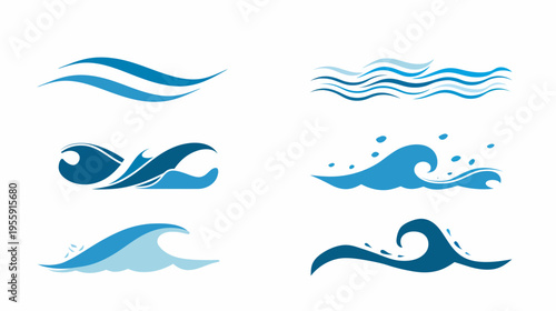 Vector collection featuring six distinct, stylized blue wave designs on white