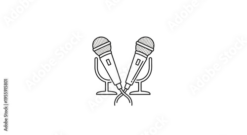 Two microphones on stands, crossed, line art icon, symbol for music, podcast, interview, broadcasting