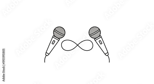 Two microphones and infinity symbol, concept of endless conversation, podcasting, or music