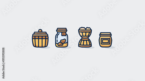Line of stylized jars/containers, with golden color fill and blue-ish border