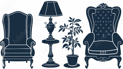 Dark blue line drawing of two chairs, a lamp, and a plant on a white background