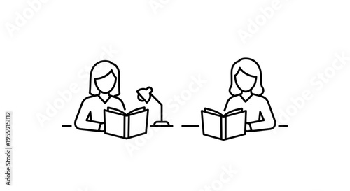 Two women reading books at desks, one with a desk lamp, simple line art illustration