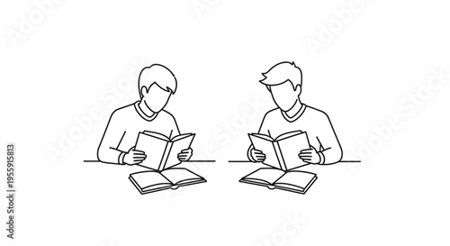 Two Students Reading Books Side-by-Side, Studying Together, Education Concept