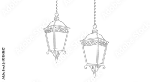 Vintage Hanging Lanterns Line Art Illustration, Ornate Outdoor Lighting Fixtures