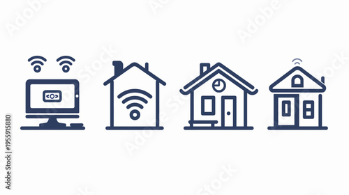 Four icons monitor with wifi, house with wifi, basic house, house with antenna