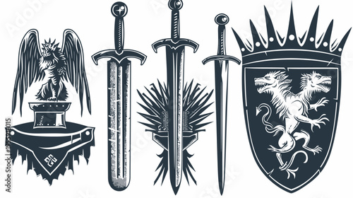 Set of heraldic illustrations bird, swords, and shield with a two-headed beast