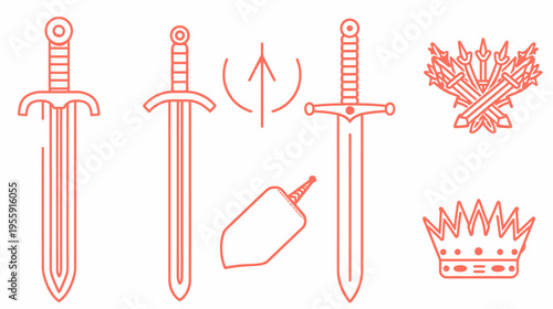 Line illustrations of swords, a quiver, and a crown, all rendered in orange