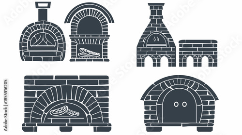 Vector set of brick oven illustrations, varying shapes and styles, dark grey
